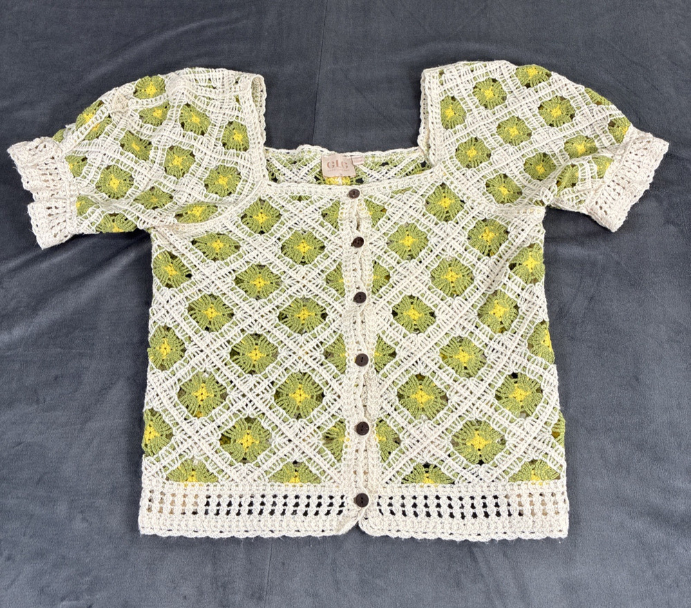 Good Luck Gem GLG L Green Crochet Floral Granny Square Puff Sleeve Cardigan Top